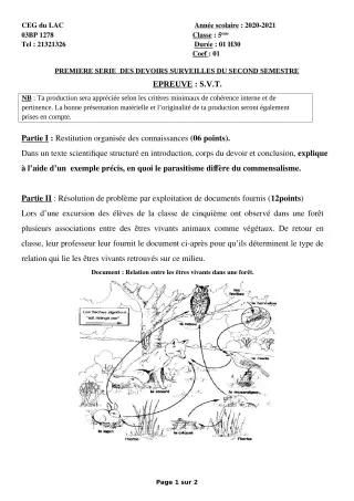 Première page de SVT 5e — 1er devoir surveillé, 2e semestre (2020-2021) · CEG du Lac