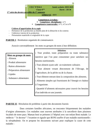 Première page de SVT 6e — 1er devoir surveillé, 1er semestre (2018-2019) · CEG 2 N'DALI