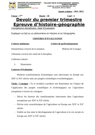 Première page de Histoire-Géographie 6e, 4e, 4e ML, 3e, 3e ML, 2nde A2, 2nde B, 2nde D, 1ère A2, 1ère B, 1ère D, Tle A2, Tle D — 2e devoir surveillé, 1er trimestre (2021-2022) · CPEG AGBOZO MEGBEDJI