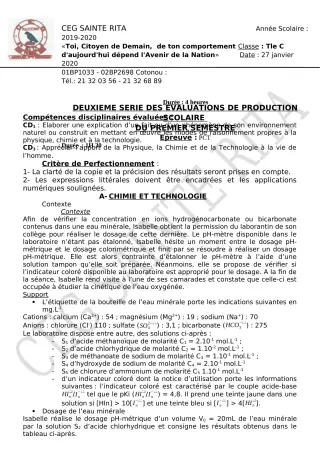 Première page de PCT Tle C — 2e évaluation sommative (2019-2020) · CEG Sainte Rita
