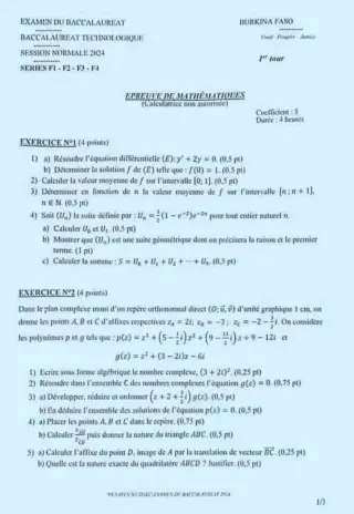 Première page de Épreuve BAC 2024 mathématiques série f1-f2-f3-f4