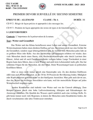 Première page de Allemand Tle A2 — 1er devoir surveillé, 2e semestre (2023-2024) · CEG Yagbe