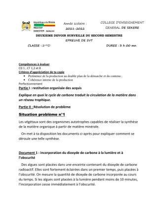 Première page de SVT 2nde D — 2e devoir surveillé, 2e semestre (2021-2022) · CEG SEKERE