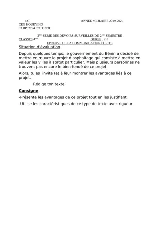 Première page de Français 4e, 4e ML — 2e devoir surveillé, 2e semestre (2019-2020) · CEG HOUEYIHO