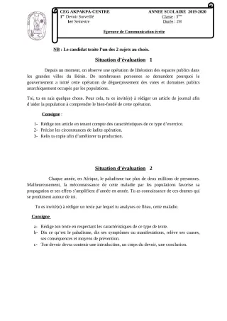 Première page de Français 3e, 3e ML — 1er devoir surveillé, 1er semestre (2019-2020) · CEG 1 Akpakpa-Centre