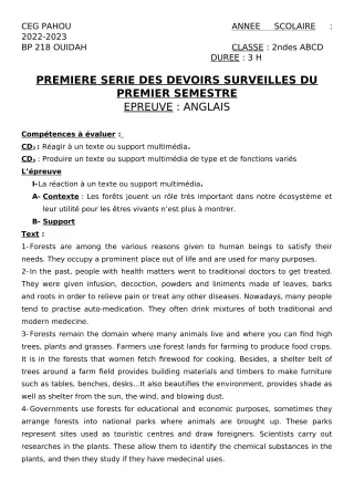 Première page de Anglais 2nde A2, 2nde B, 2nde C, 2nde D — 1er devoir surveillé, 1er semestre (2022-2023) · CEG PAHOU