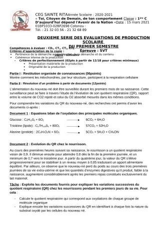 Première page de SVT 1ère C — Production scolaire, 1er semestre (2020-2021) · CEG Sainte Rita
