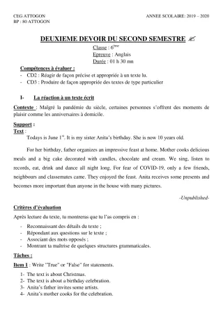 Première page de Anglais 6e — 2e devoir surveillé, 2e semestre (2019-2020) · CEG Attogon