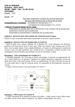 Première page de SVT Tle C — 1re production scolaire, 2e semestre (2021-2022) · CEG LE NOKOUE