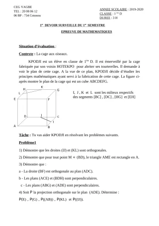 Première page de Mathématiques 1ère D — 1er devoir surveillé, 1er semestre (2019-2020) · CEG Yagbe