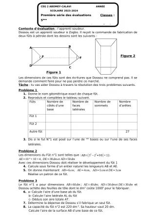 Première page de Mathématiques 5e — 1re évaluation sommative, 1er semestre (2023-2024) · CEG2 ABOMEY - CALAVI (CEG ZOCA)