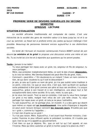 Première page de Français 3e, 3e ML — 1er devoir surveillé, 2e semestre (2018-2019) · CEG PAHOU