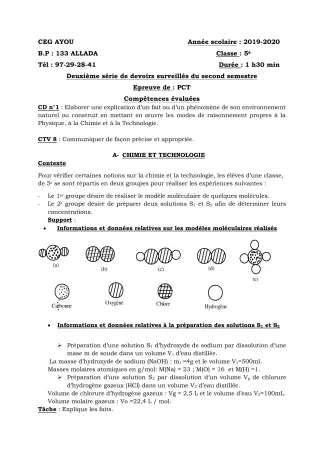 Première page de PCT 5e — 2e devoir surveillé, 2e semestre (2019-2020) · CEG AYOU