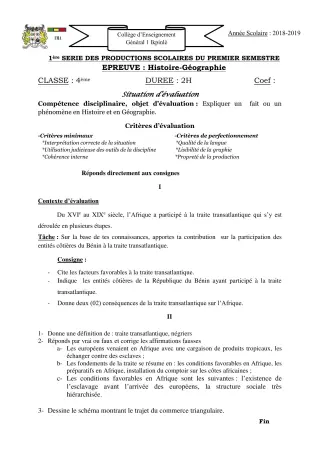 Première page de Histoire-Géographie 4e — 1re production scolaire, 1er semestre (2018-2019) · CEG1 Ikpinlè