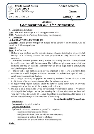 Première page de Anglais 3e, Tle A2, Tle B, Tle C, Tle D — Composition, 3e trimestre (2023-2024) · CPEG SAINT Justin