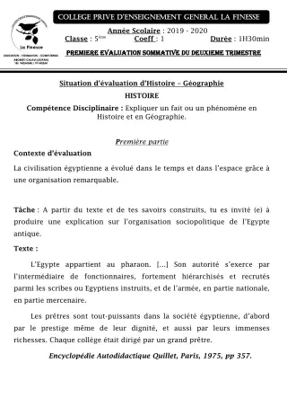 Première page de Histoire-Géographie 5e — 1re évaluation sommative, 2e trimestre (2019-2020) · CPEG La Finesse