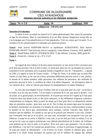 Première page de Français 2nde A, 2nde A1, 2nde A2, 2nde D, 1ère A, 1ère A1, 1ère A2, 1ère D, Tle A & B, Tle A1, Tle A2, Tle D — 1er devoir surveillé, 1er semestre (2019-2020) · CEG AYAHOHOUE