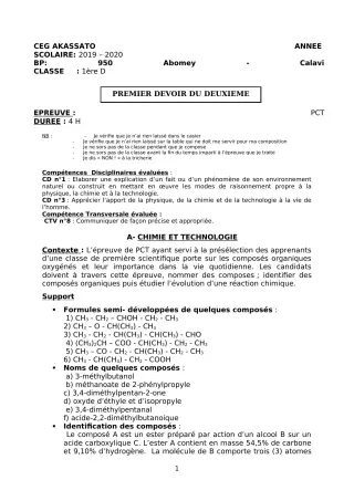 Première page de PCT 1ère D — Composition, 2e semestre (2019-2020) · CEG Akassato