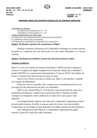 Première page de SVT 1ère D — 1er devoir surveillé, 1er semestre (2020-2021) · CEG SURU-LERE