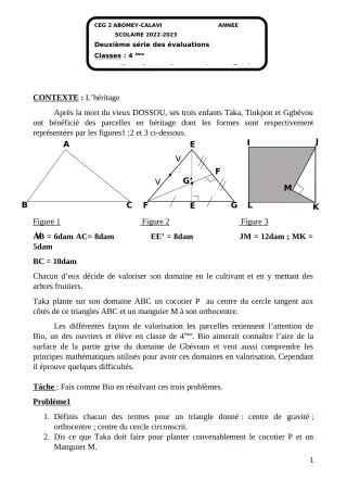 Première page de Mathématiques 4e — 2e évaluation sommative, 1er semestre (2022-2023) · CEG2 ABOMEY - CALAVI (CEG ZOCA)