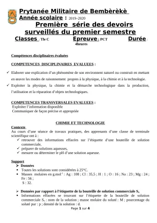 Première page de PCT Tle C — 1er devoir surveillé, 1er semestre (2019-2020) · PMB