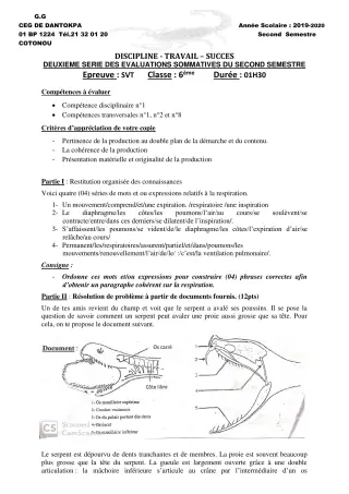 Première page de SVT 6e, 5e, 3e, 3e ML, 2nde A, 2nde B, 2nde C, 2nde D, 1ère A2, 1ère B, 1ère C, 1ère D, Tle A1, Tle A2, Tle B, Tle C, Tle D — 2e évaluation sommative, 2e semestre (2019-2020) · CEG Dantokpa