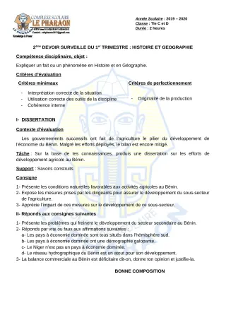Première page de Histoire-Géographie Tle C, Tle D — 2e devoir surveillé, 1er trimestre (2019-2020) · CPEG LE PHARAON