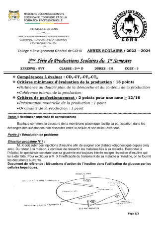Première page de SVT 2nde D — 2e production scolaire, 1er semestre (2023-2024) · CEG GOHO