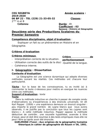 Première page de Histoire-Géographie 2nde A & B, 1ère A, 1ère A1, 1ère A2, 1ère B, Tle A1, Tle A2, Tle B — 2e production scolaire, 1er semestre (2019-2020) · CEG SEGBEYA