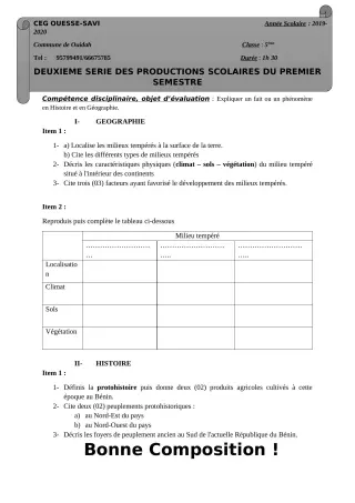 Première page de Histoire-Géographie 5e — 2e production scolaire, 1er semestre (2019-2020) · Ceg OUESSE