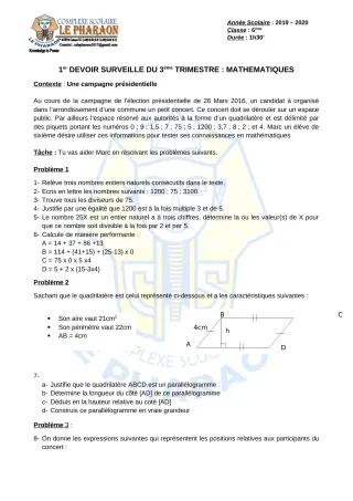 Première page de Mathématiques 6e — 1er devoir surveillé, 3e trimestre (2019-2020) · CPEG LE PHARAON