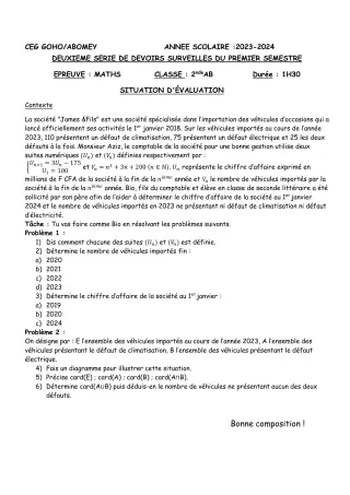 Première page de Mathématiques 2nde A & B — 2e devoir surveillé, 1er semestre (2023-2024) · CEG GOHO