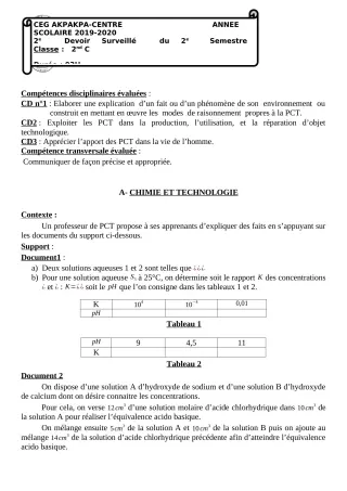 Première page de PCT 2nde C — 2e devoir surveillé, 2e semestre (2019-2020) · CEG 1 Akpakpa-Centre