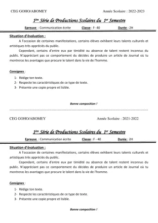 Première page de Français 3e — 1re production scolaire, 1er semestre (2022-2023) · CEG GOHO