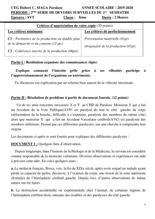 Première page de SVT 3e, 3e ML — 2e devoir surveillé, 1er semestre (2019-2020) · CEG Hubert C. MAGA