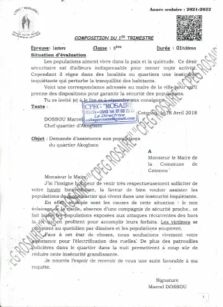 Première page de Français 5e — 2e composition, 1er trimestre (2021-2022) · CPEG ROSAIRE