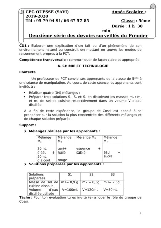 Première page de PCT 5e — 2e devoir surveillé (2019-2020) · Ceg OUESSE
