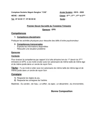 Première page de SVT 4e, 4e ML — 1er devoir surveillé, 3e trimestre (2019-2020) · CPEG SEGUIN SENGHOR