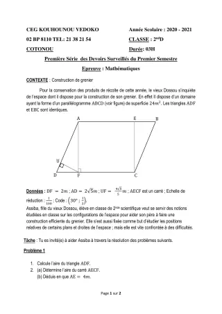 Première page de Mathématiques 2nde D — 1er devoir surveillé, 1er semestre (2020-2021) · CEG Kouhounou-Vêdoko