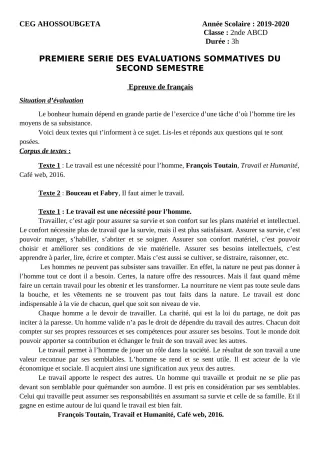 Première page de Français 2nde A & B, 2nde C, 2nde D — 1re évaluation sommative, 2e semestre (2019-2020) · CEG Ahossougbéta