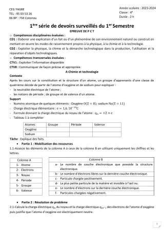 Première page de PCT 4e — 1er devoir surveillé, 1er semestre (2023-2024) · CEG Yagbe