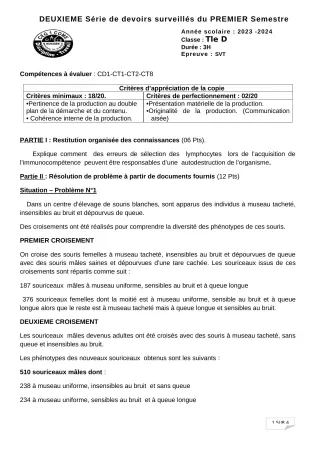 Première page de SVT Tle D — 2e devoir surveillé, 1er semestre (2023-2024) · CEG 1 Comè