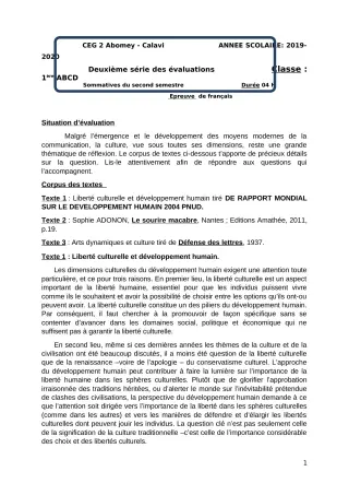 Première page de Français 1ère A & B, 1ère C, 1ère D — 2e évaluation sommative, 2e semestre (2019-2020) · CEG2 ABOMEY - CALAVI (CEG ZOCA)