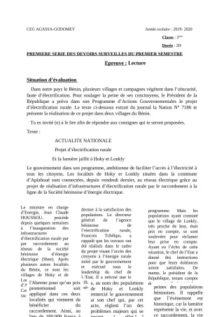 Première page de Français 3e, 3e ML — 1er devoir surveillé, 1er semestre (2019-2020) · CEG Agassa Godomey