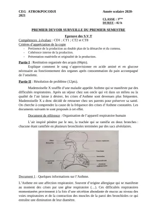Première page de SVT 3e — 1er devoir surveillé, 1er semestre (2020-2021) · CEG ATROKPOCODJI