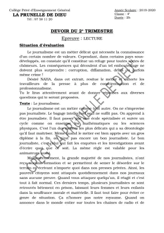 Première page de Français 4e, 4e ML — Devoir surveillé, 2e trimestre (2019-2020) · CEPG La Prunelle de Dieu