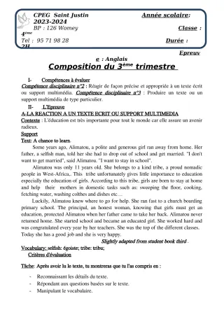 Première page de Anglais 4e, 2nde A2, 2nde B, 2nde C, 2nde D — Composition, 3e trimestre (2023-2024) · CPEG SAINT Justin