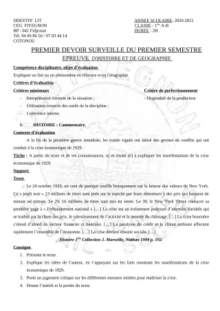 Première page de Histoire-Géographie 1ère A2, 1ère B — 1er devoir surveillé, 1er semestre (2020-2021) · CEG FIYEGNON