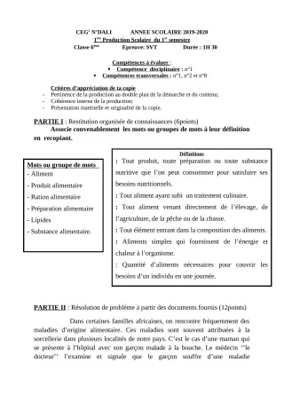 Première page de SVT 6e, 5e, 4e, 4e ML, 3e, 3e ML — 1re production scolaire, 1er semestre (2019-2020) · CEG 2 N'DALI