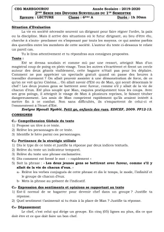 Première page de Français 6e — Devoir surveillé, 1er semestre (2019-2020) · CEG MAREGOUROU
